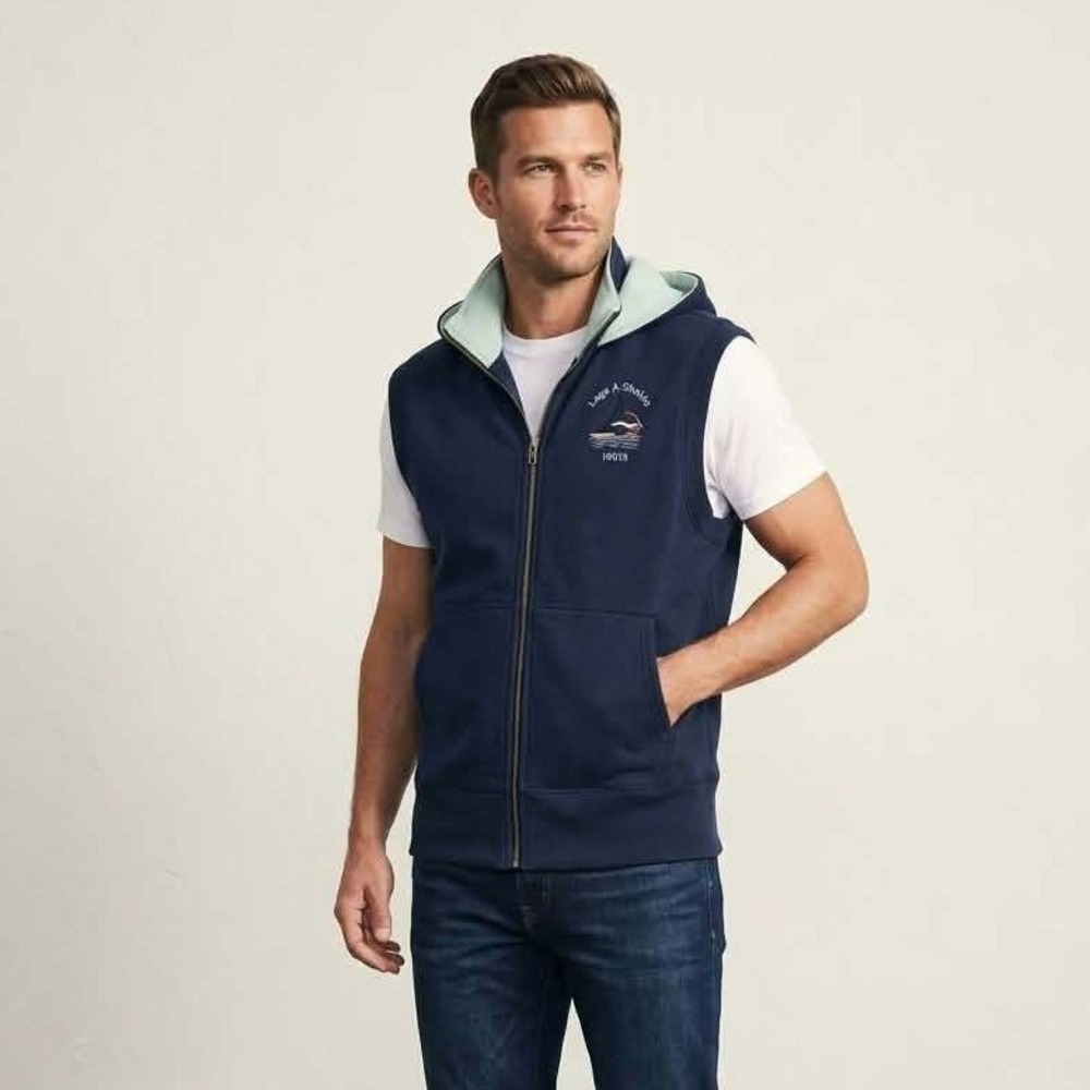 Lands End Mens Navy Blue Legs A Shakin Sailboat Full Zip Hoodie Fleece Vest S